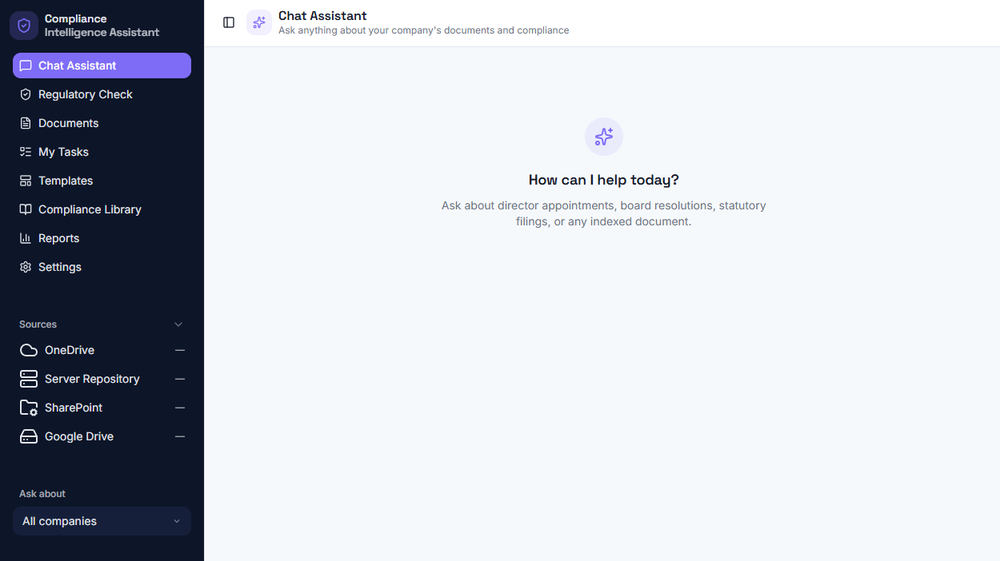 Compliance Co-pilot chat assistant interface with document sources connected from OneDrive, SharePoint, and Google Drive